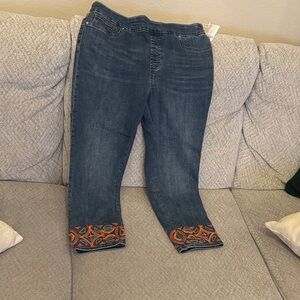 Chico's Dark Blue Jeans with Orange Embroidered Cuffs